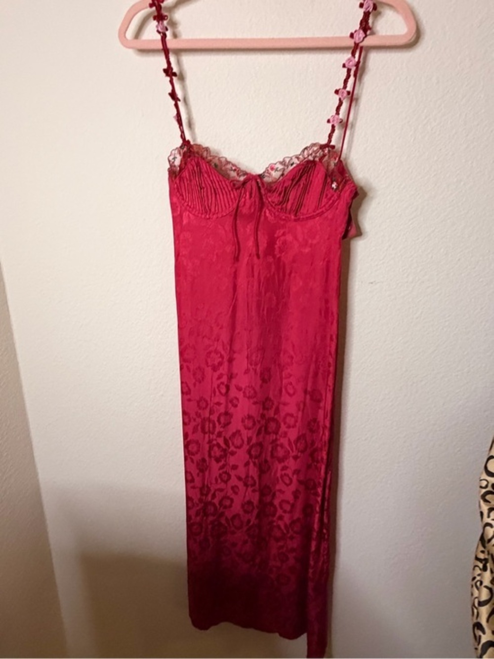 For Love And Lemons Pink-Red Lace-Trim Slip Dress